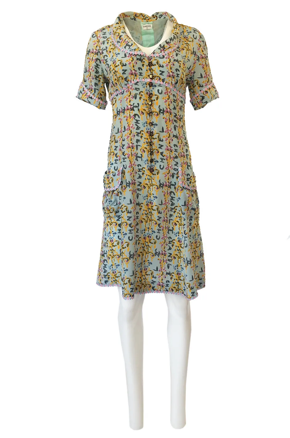 1990s Chanel Logo Printed Blue Silk Dress w Pink & Blue Floral Ribbon Trim