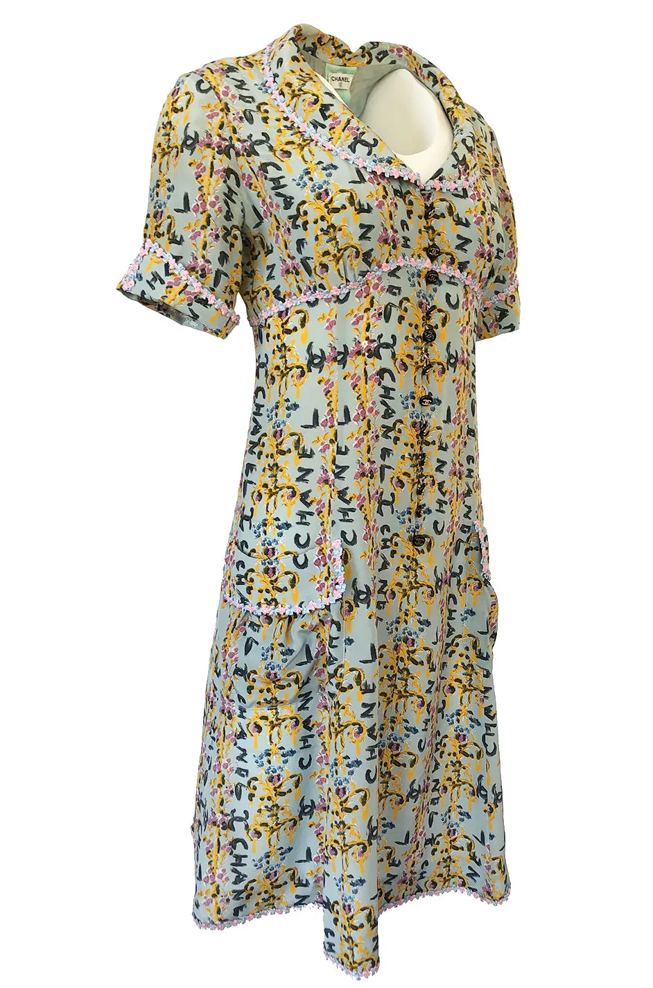 1990s Chanel Logo Printed Blue Silk Dress w Pink & Blue Floral Ribbon Trim