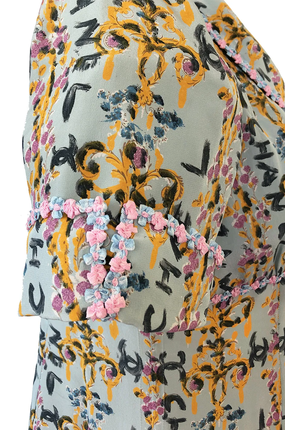 1990s Chanel Logo Printed Blue Silk Dress w Pink & Blue Floral Ribbon Trim