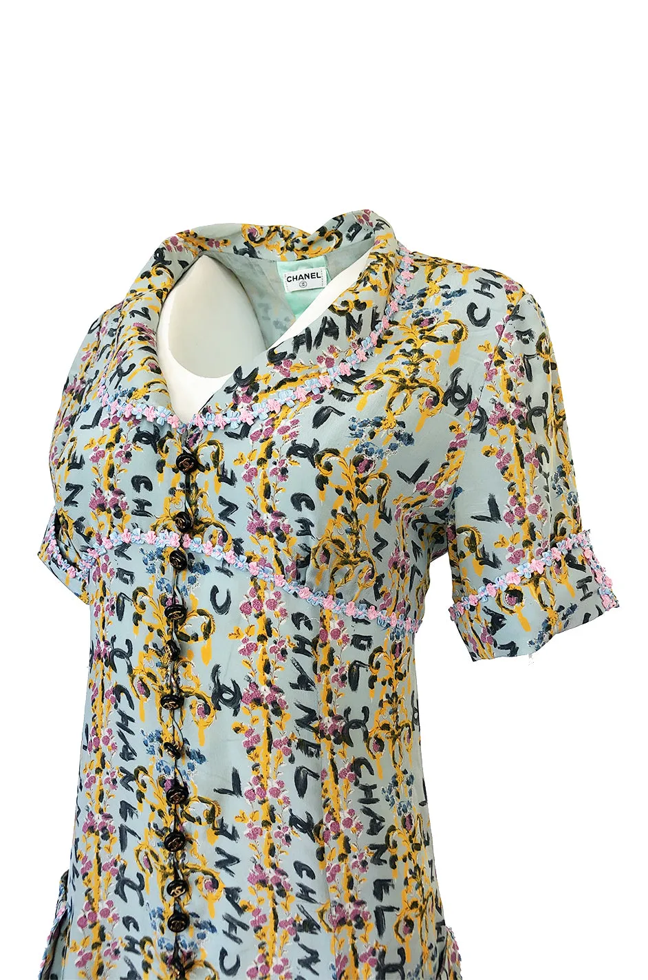 1990s Chanel Logo Printed Blue Silk Dress w Pink & Blue Floral Ribbon Trim