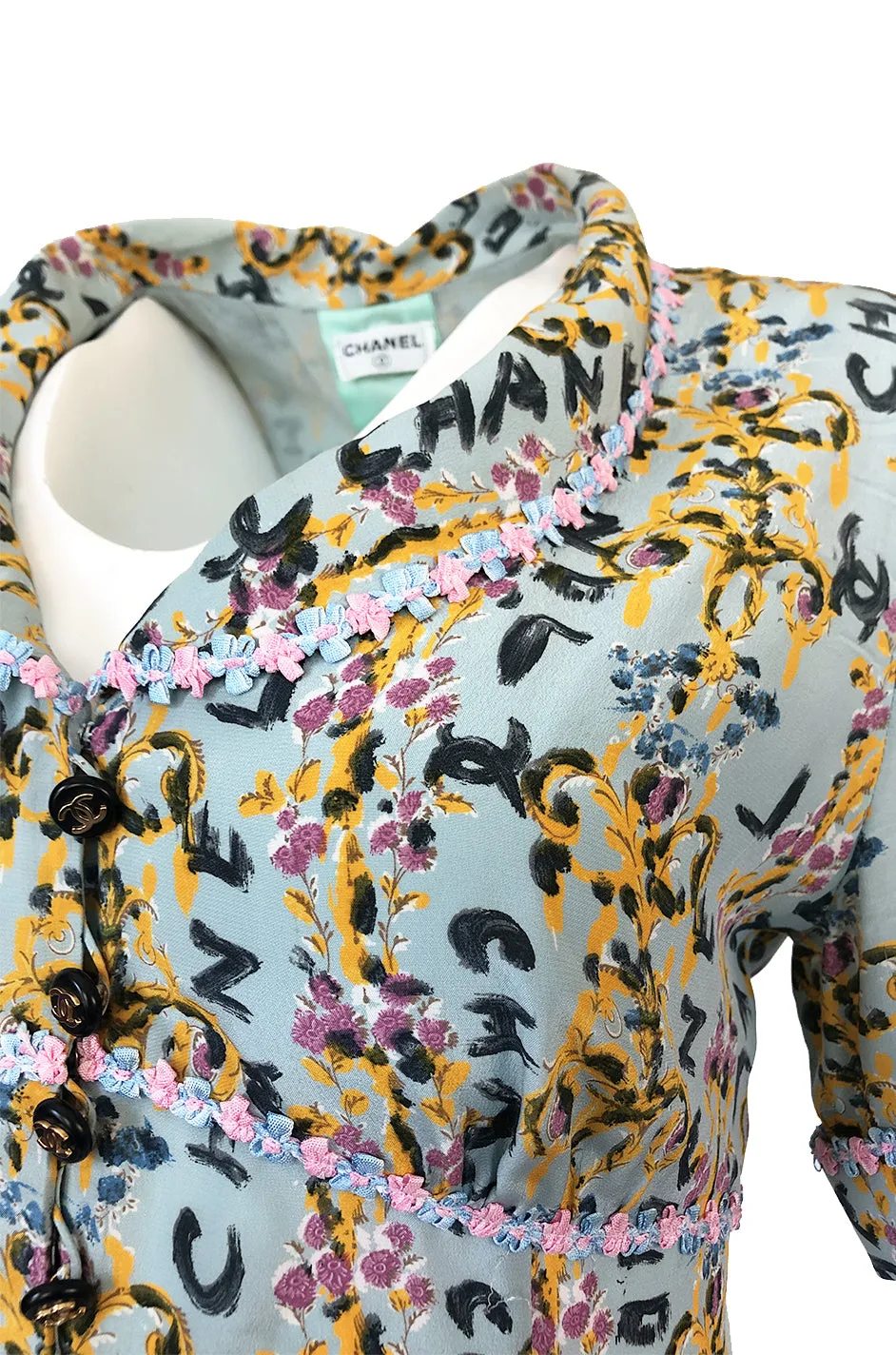 1990s Chanel Logo Printed Blue Silk Dress w Pink & Blue Floral Ribbon Trim