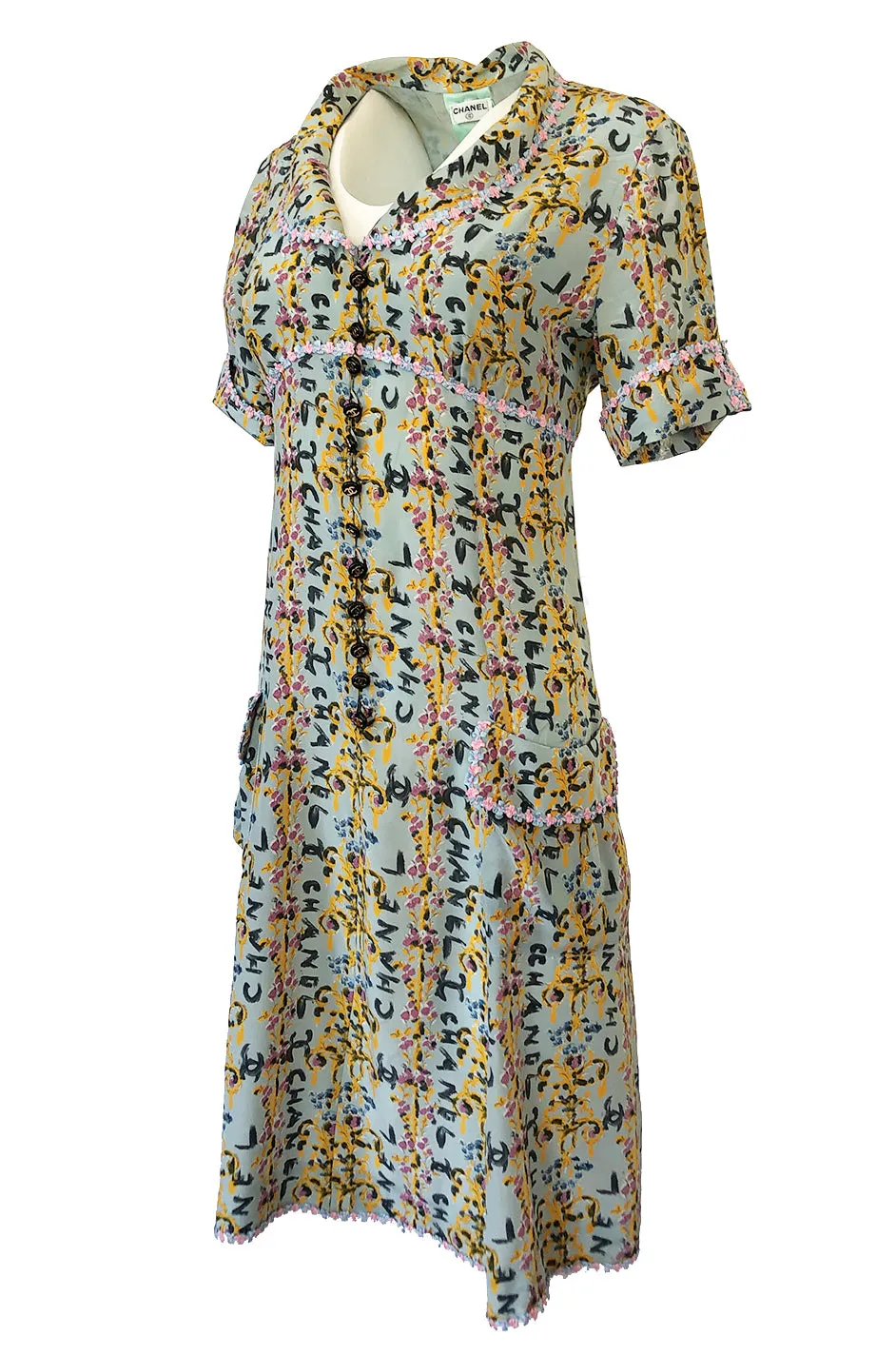 1990s Chanel Logo Printed Blue Silk Dress w Pink & Blue Floral Ribbon Trim