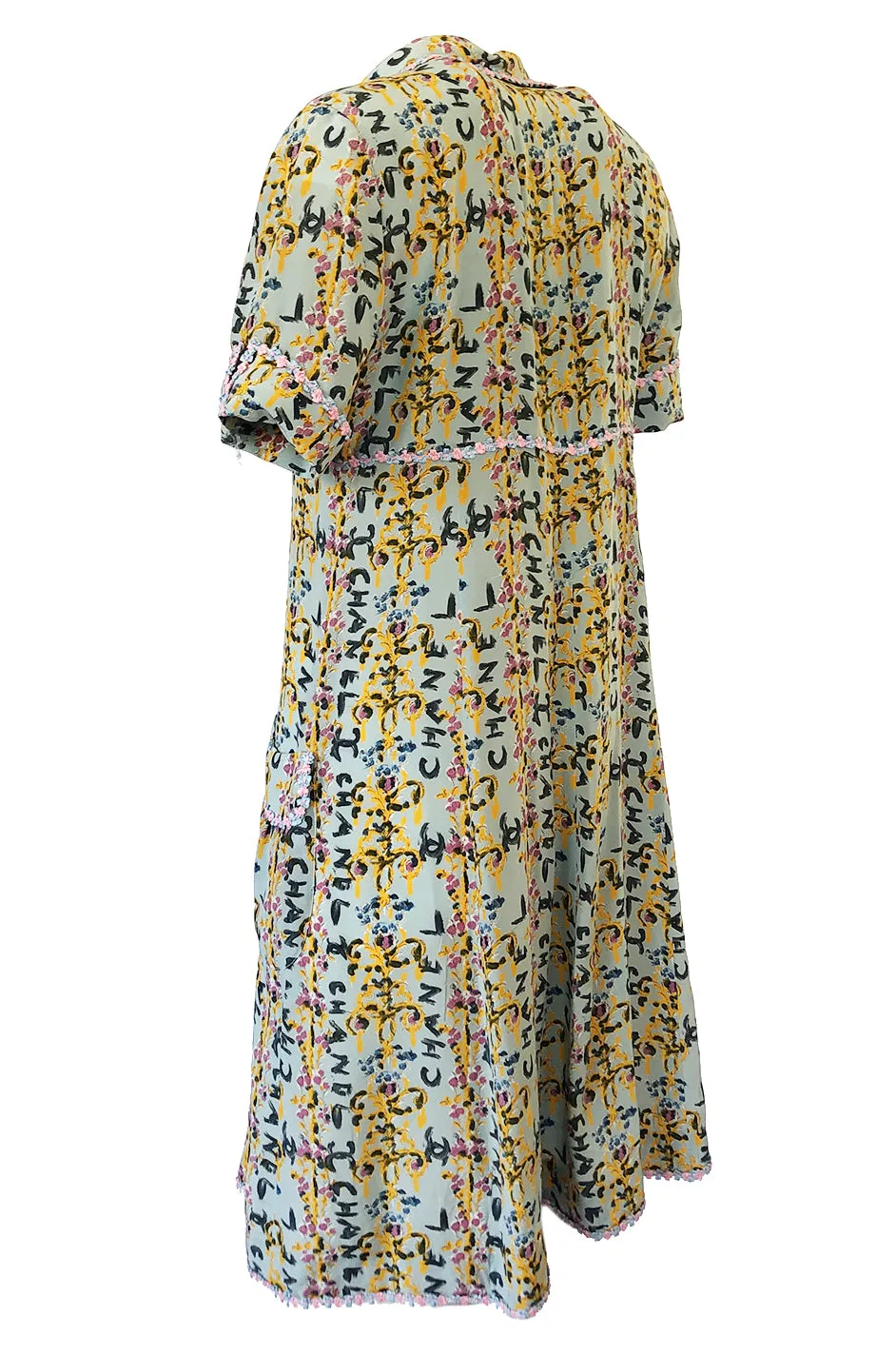 1990s Chanel Logo Printed Blue Silk Dress w Pink & Blue Floral Ribbon Trim