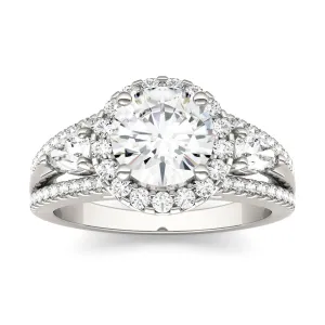 2.50 CTW DEW Round Moissanite Halo Multi-Stone Engagement Ring in 14K White Gold