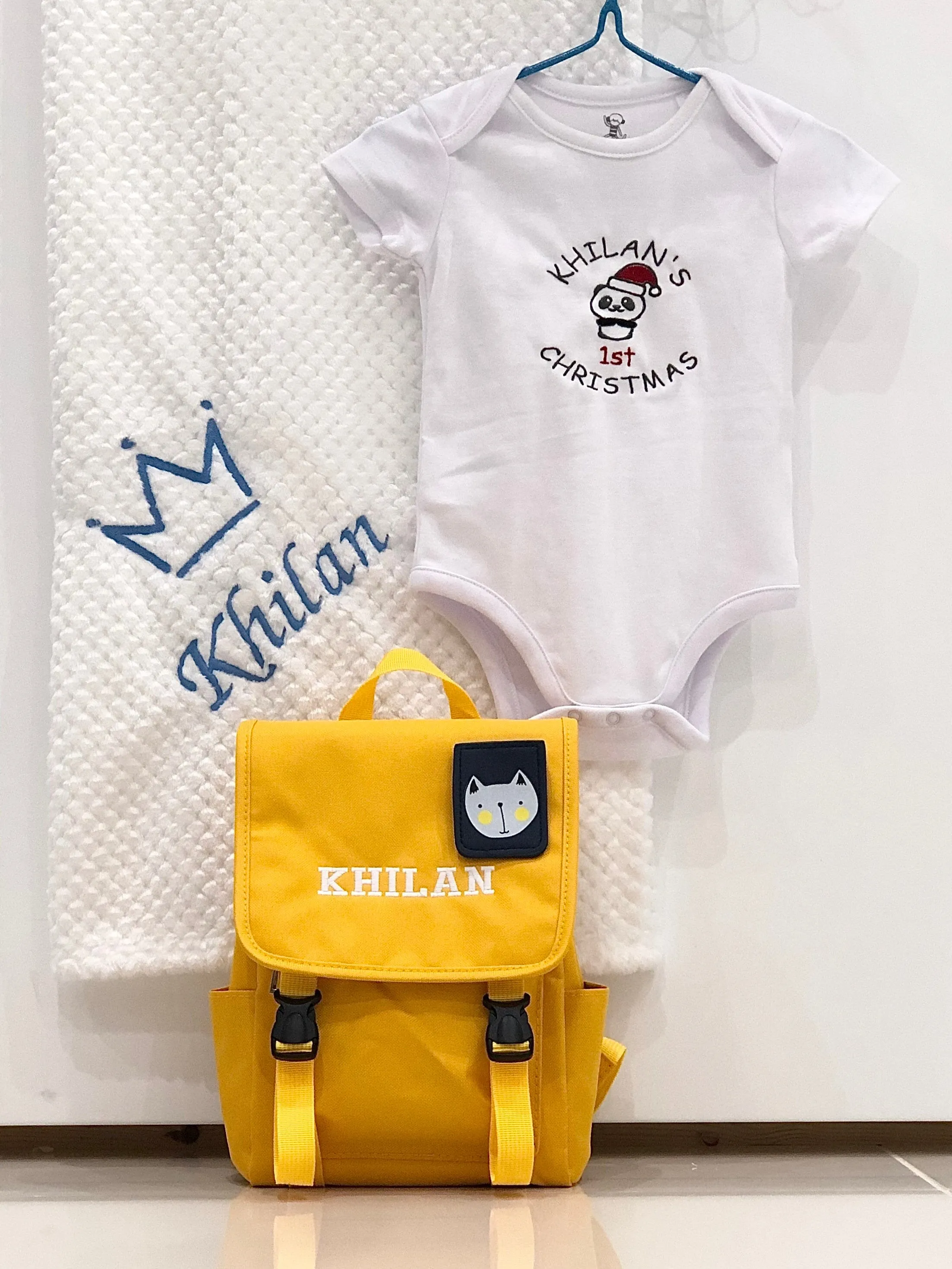 3-ITEMS Personalised Dog Backpack Rucksack Bag, Blanket & Bodysuit Bundle Gift Set