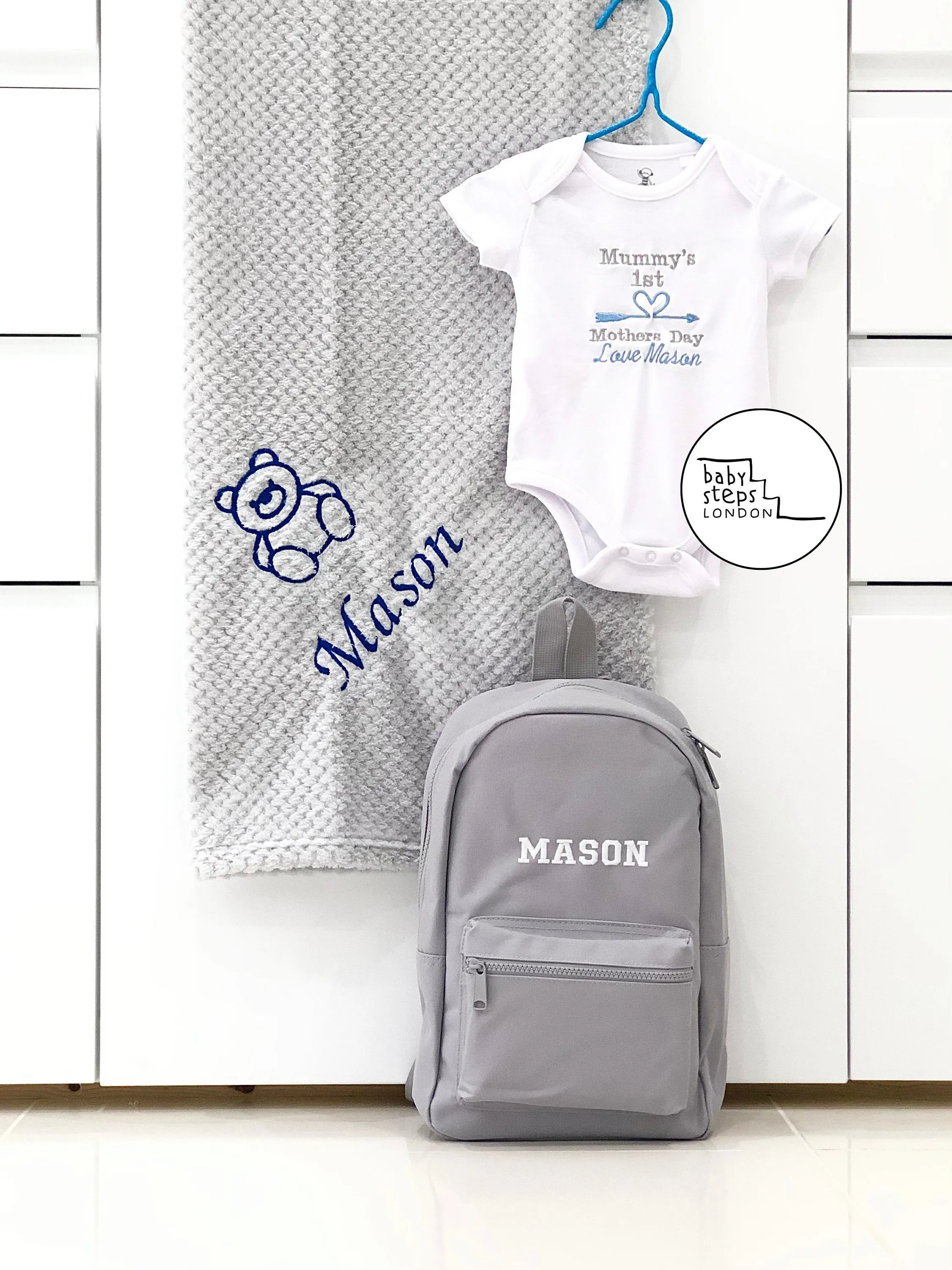 3-ITEMS Personalised Mini Backpack Bag, Blanket & Bodysuit Bundle Gift Set