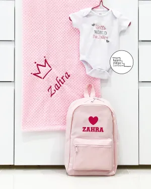 3-ITEMS Personalised Mini Backpack Bag, Blanket & Bodysuit Bundle Gift Set