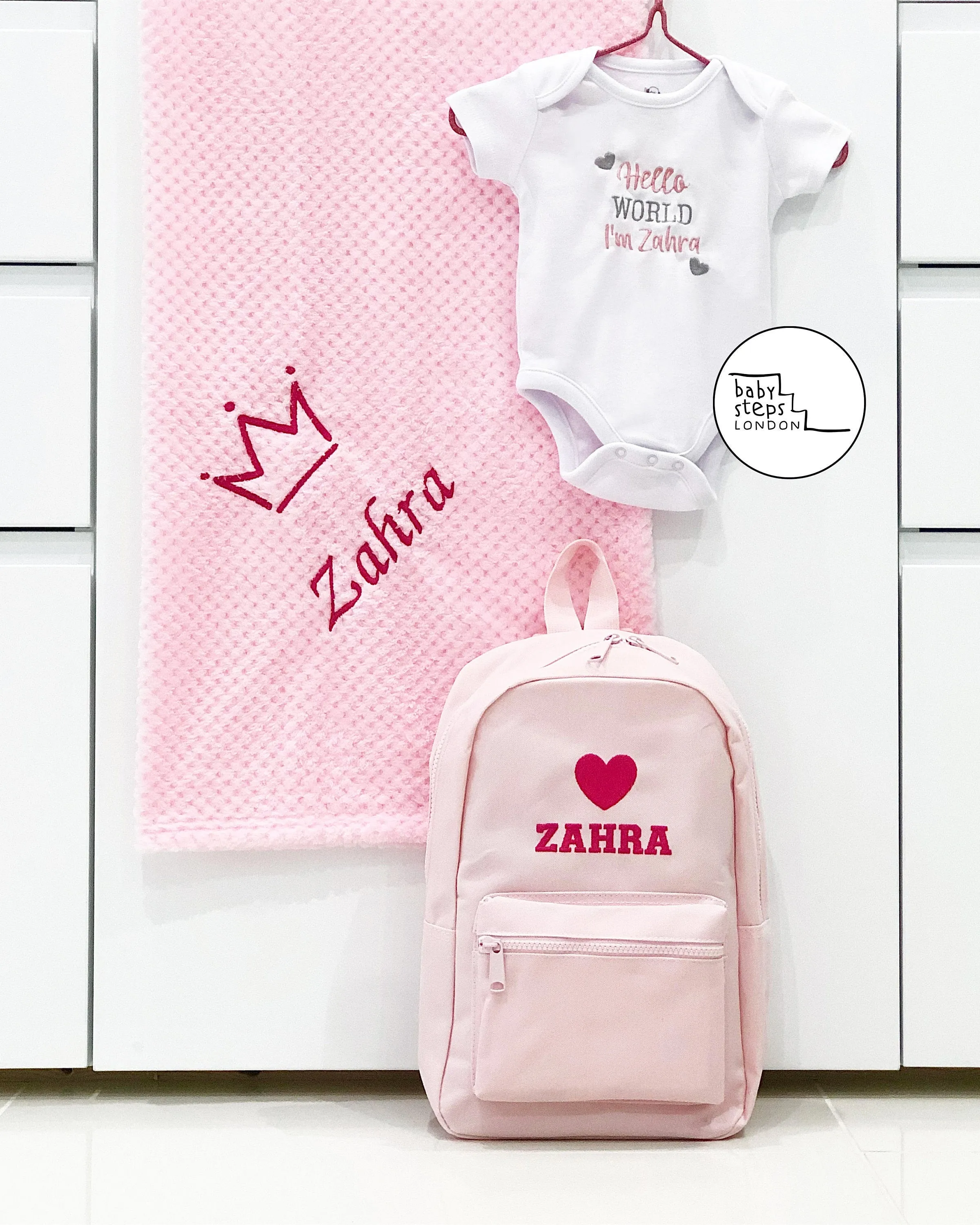 3-ITEMS Personalised Mini Backpack Bag, Blanket & Bodysuit Bundle Gift Set