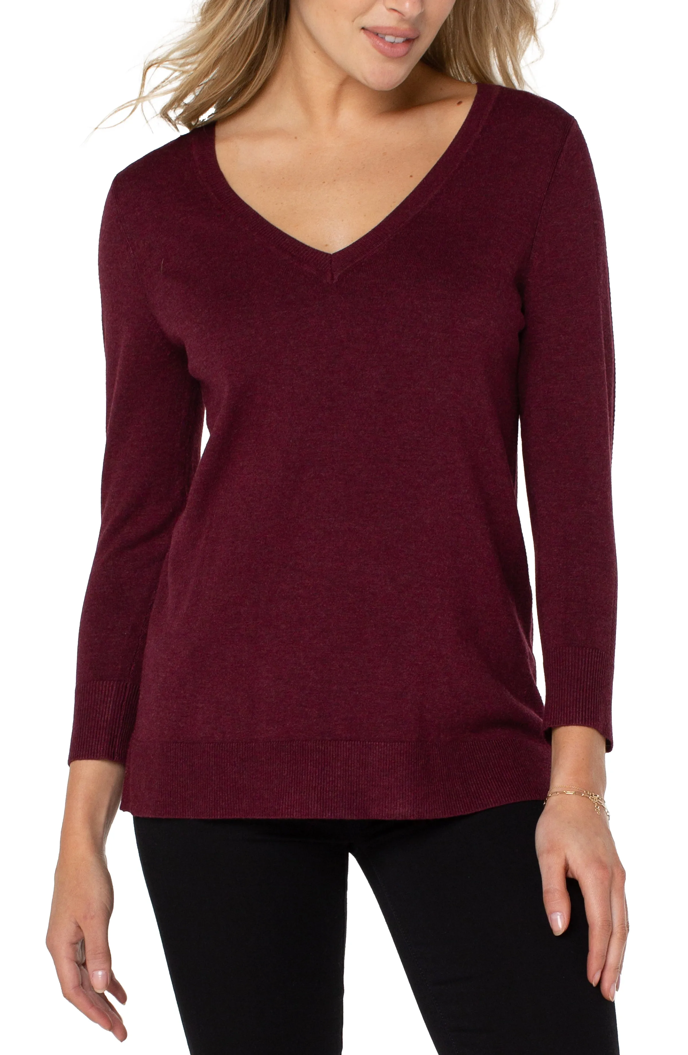 3/4 Sleeve V Neck Sweater w/ Pique Weave