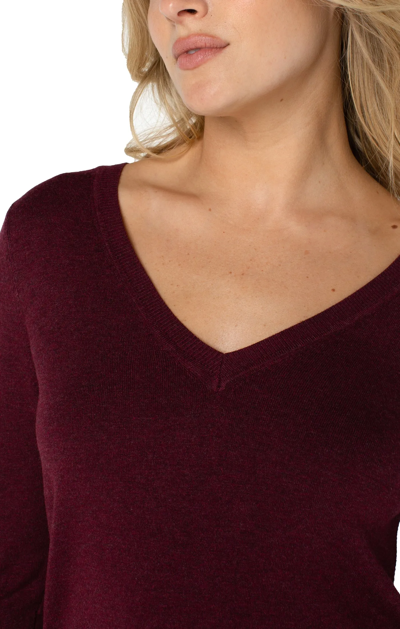 3/4 Sleeve V Neck Sweater w/ Pique Weave