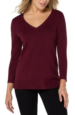 3/4 Sleeve V Neck Sweater w/ Pique Weave