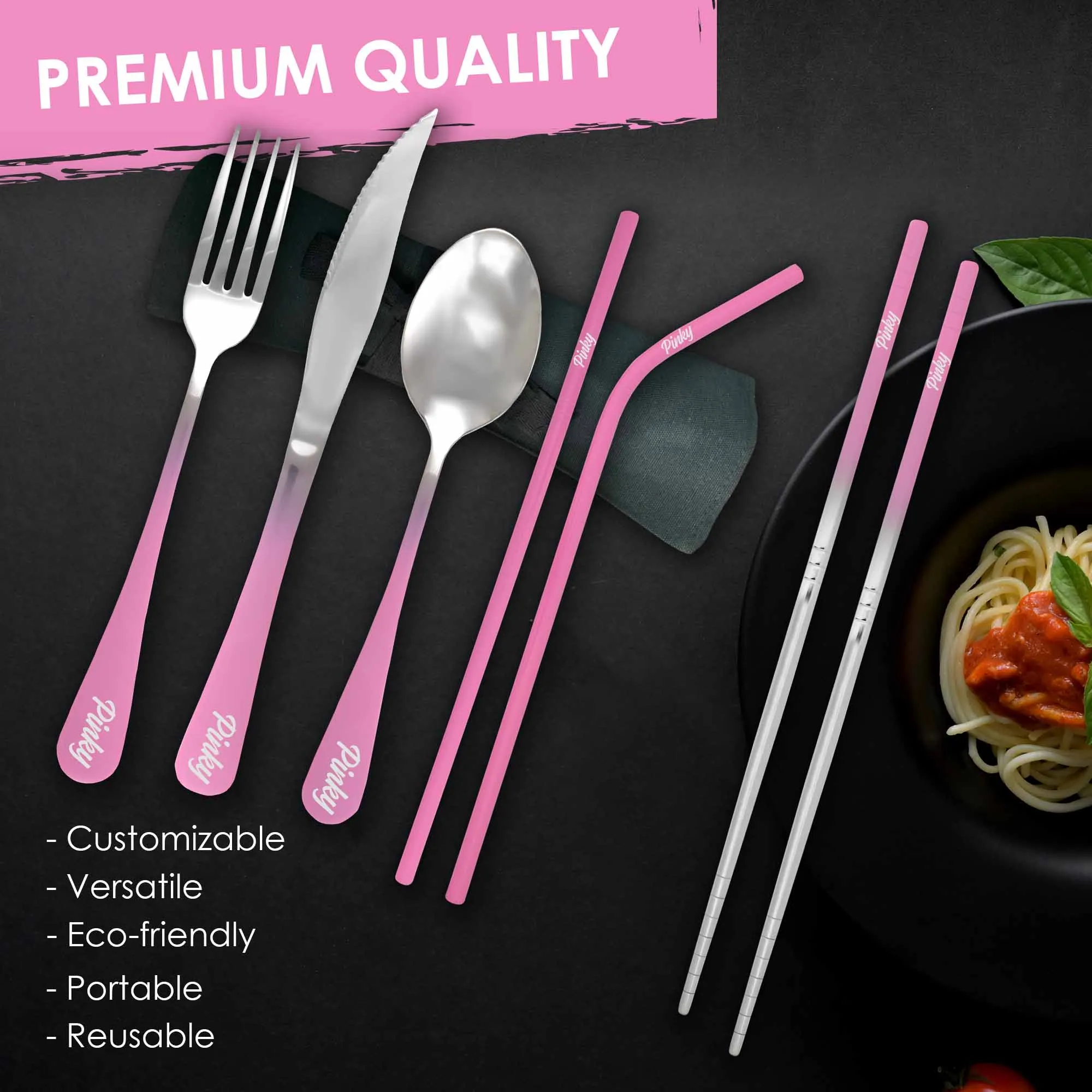 9-Piece Travel Flatware Set with Steak Knife (Glossy Pink Ombré)