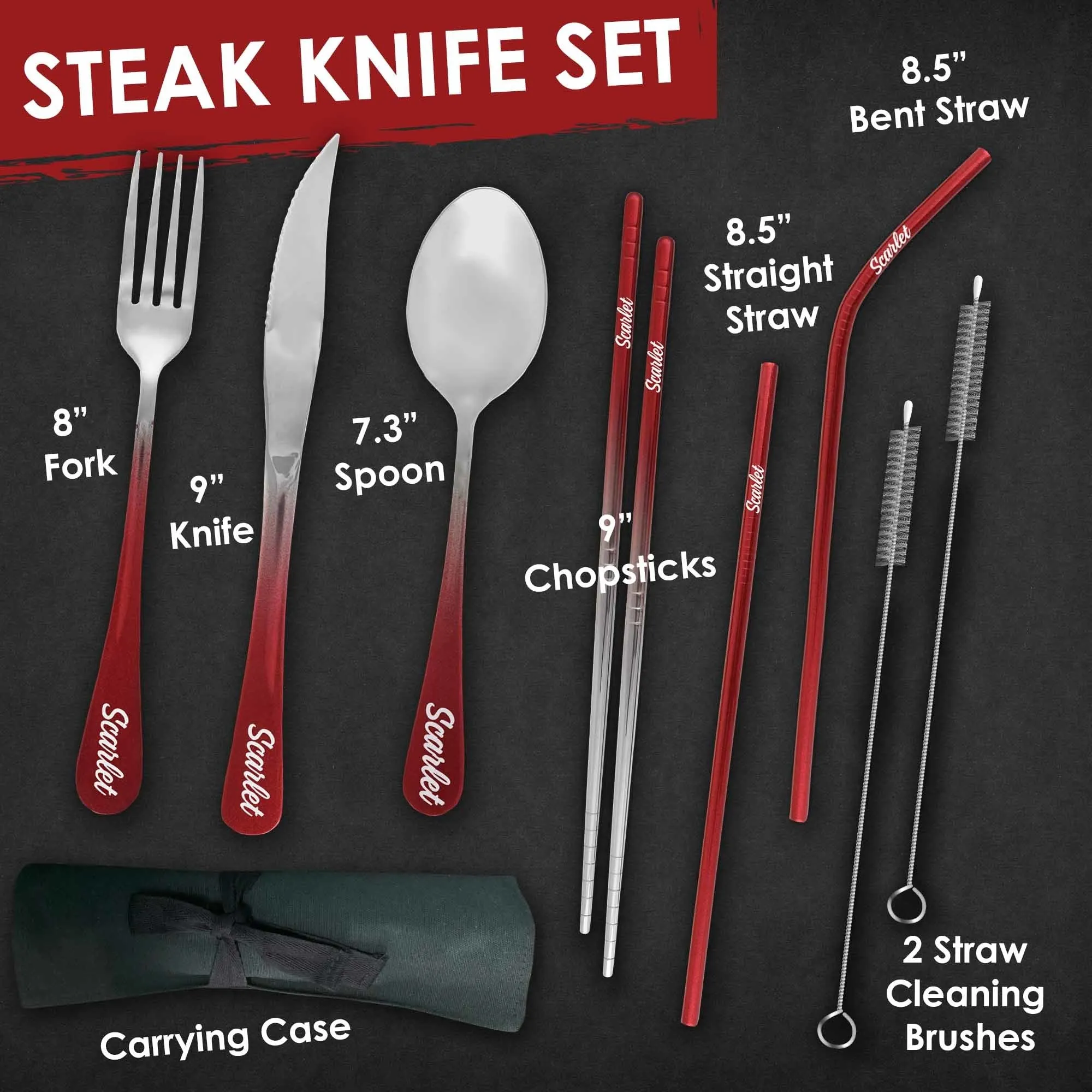 9-Piece Travel Flatware Set with Steak Knife (Glossy Red Ombré)