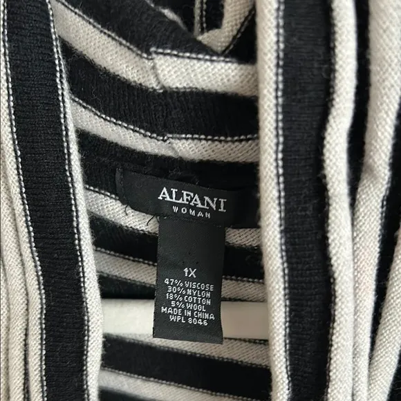 Alfani Woman 1X Striped Black White Women's Knit Cowl Neck Asymmetric Sweater