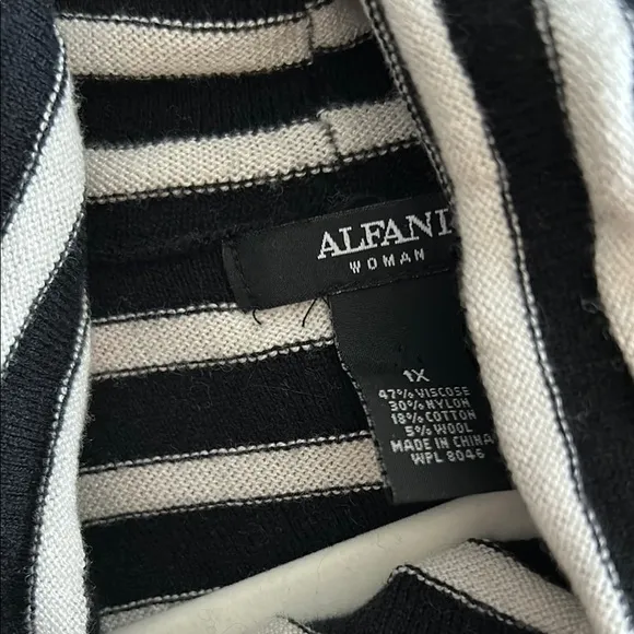 Alfani Woman 1X Striped Black White Women's Knit Cowl Neck Asymmetric Sweater