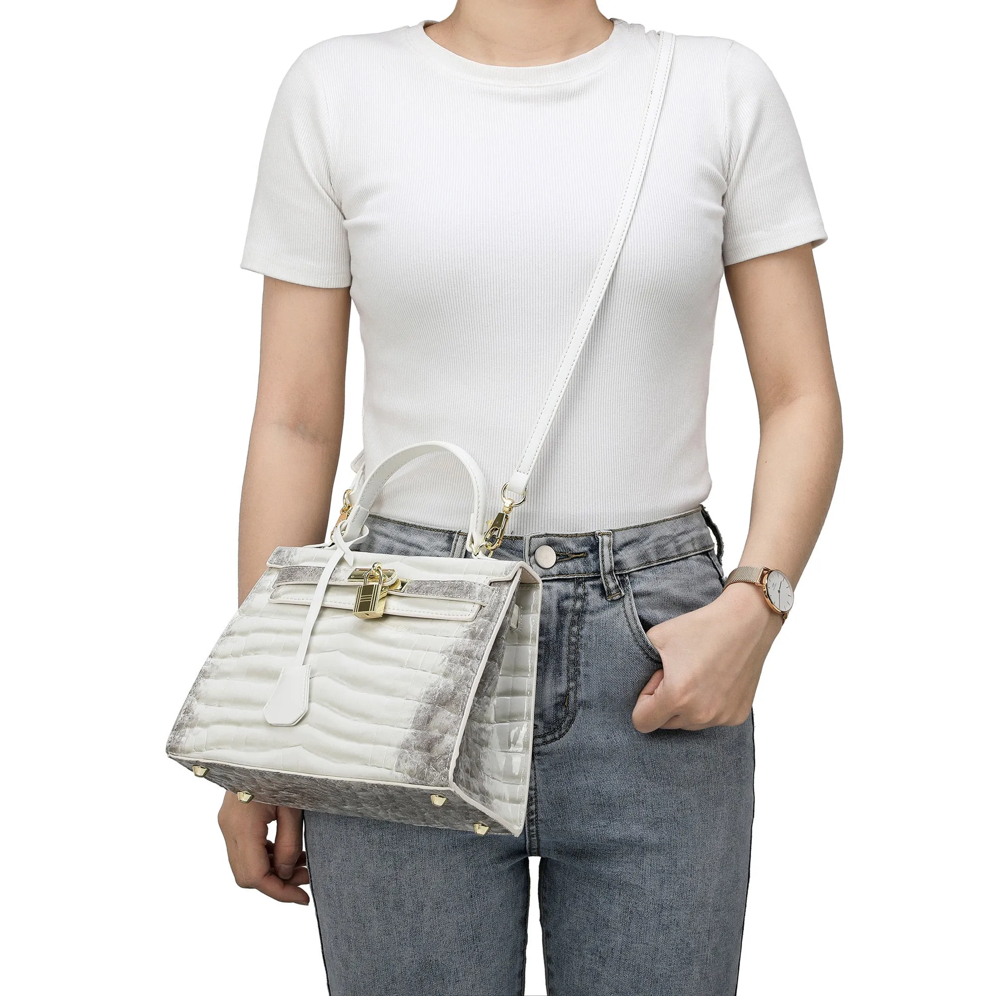 Alligator Embossed Leather top-handle Satchel/Shoulder Bag