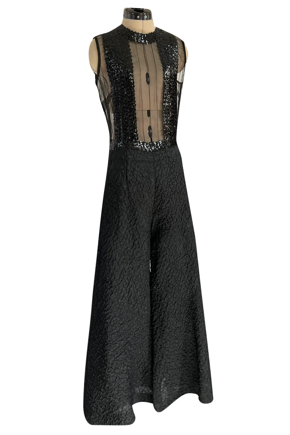 Amazing 1960s Jean Varon Sheer Sequin Bodice Jumpsuit w Wide Textured Pants
