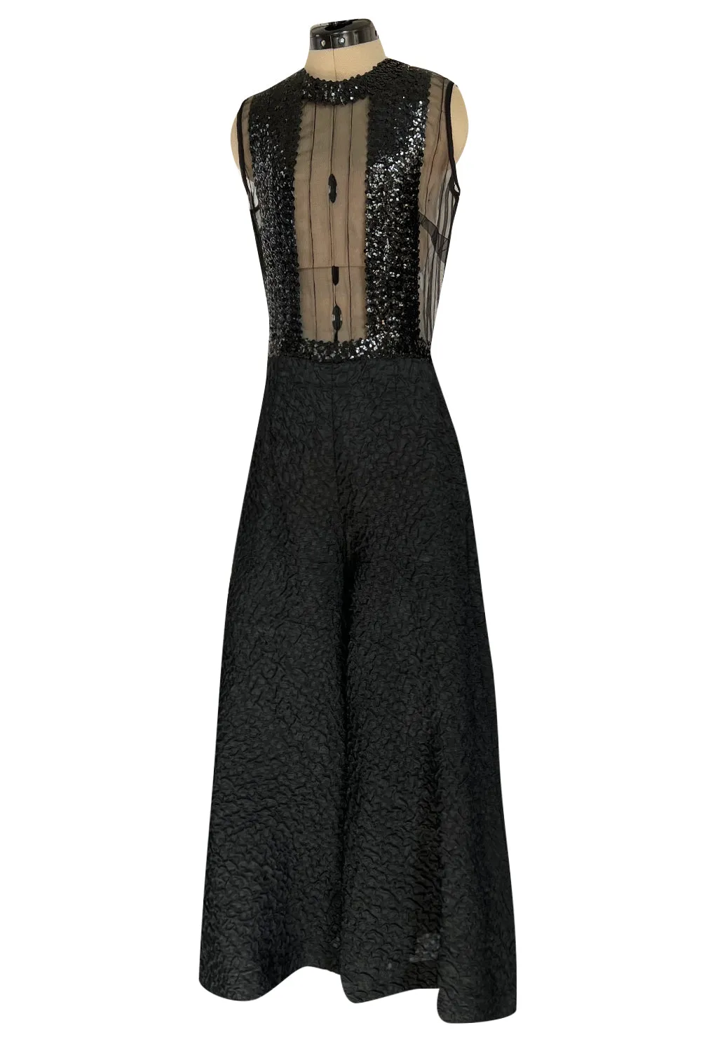 Amazing 1960s Jean Varon Sheer Sequin Bodice Jumpsuit w Wide Textured Pants