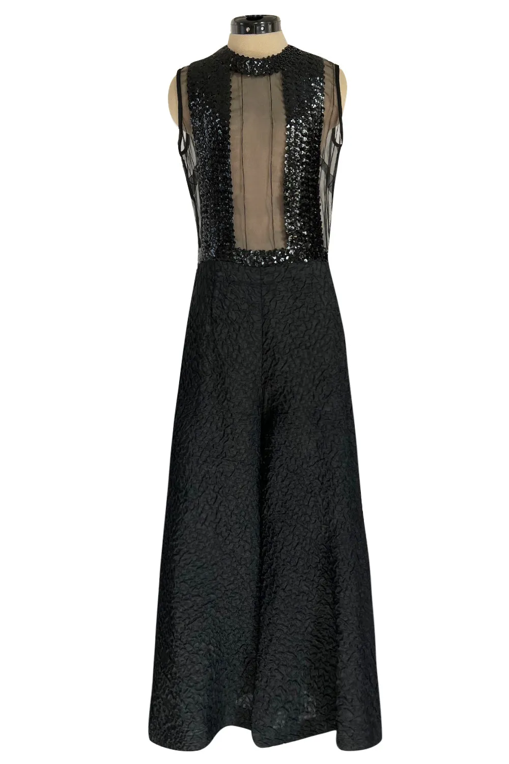 Amazing 1960s Jean Varon Sheer Sequin Bodice Jumpsuit w Wide Textured Pants
