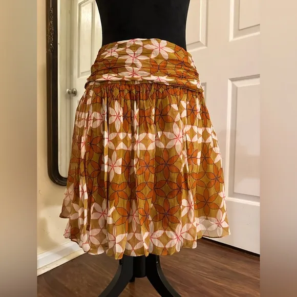 Anthropologie Guapa Pumpkin Orange  Color Ruched Floral Print Mini Skirt S