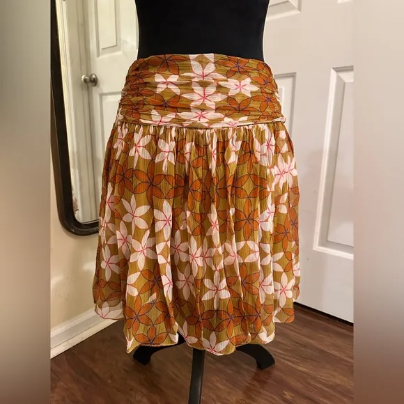 Anthropologie Guapa Pumpkin Orange  Color Ruched Floral Print Mini Skirt S
