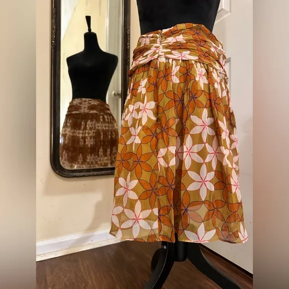 Anthropologie Guapa Pumpkin Orange  Color Ruched Floral Print Mini Skirt S