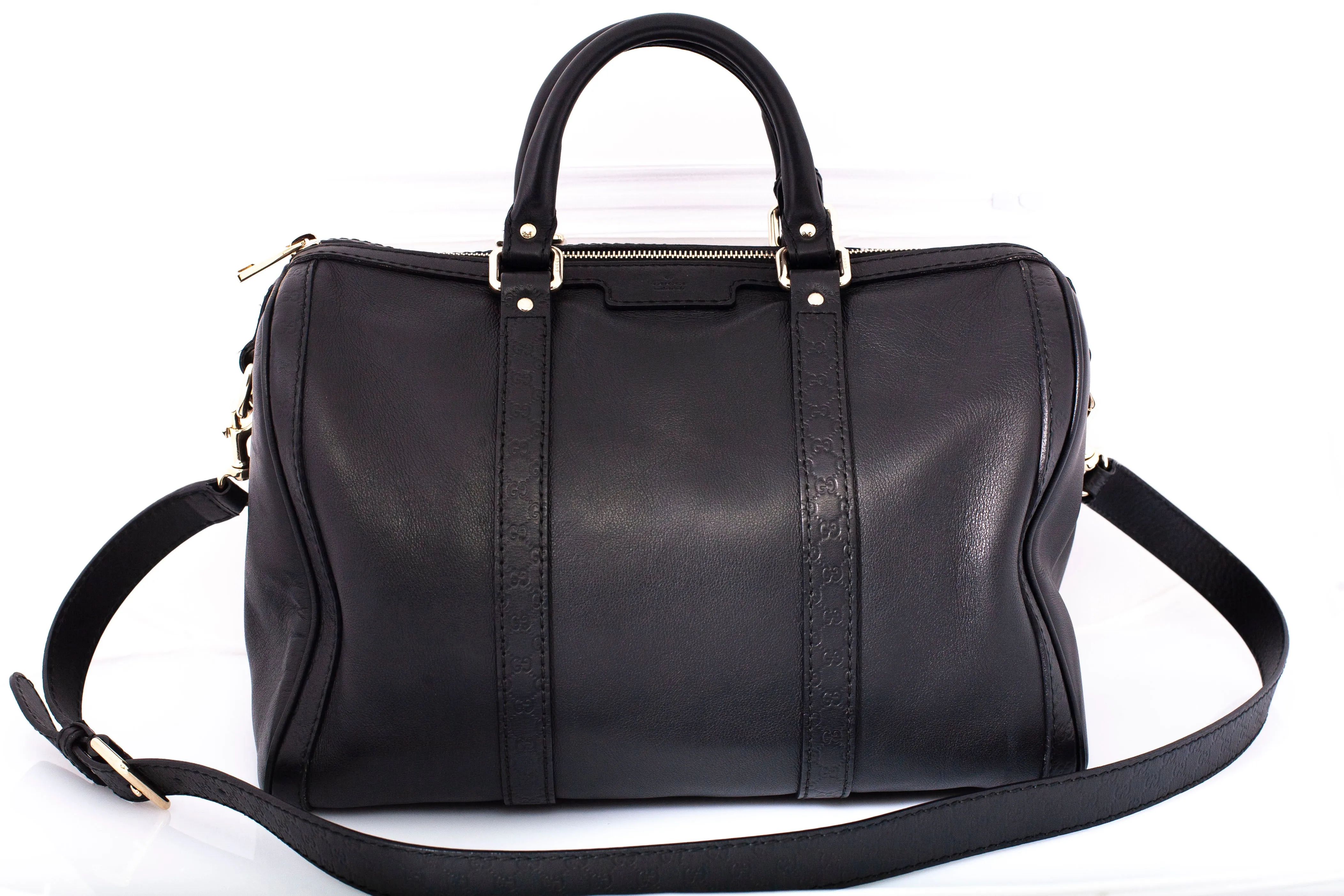 Authentic GUCCI Guccissima Trim Joy Medium Boston Black Leather Satchel