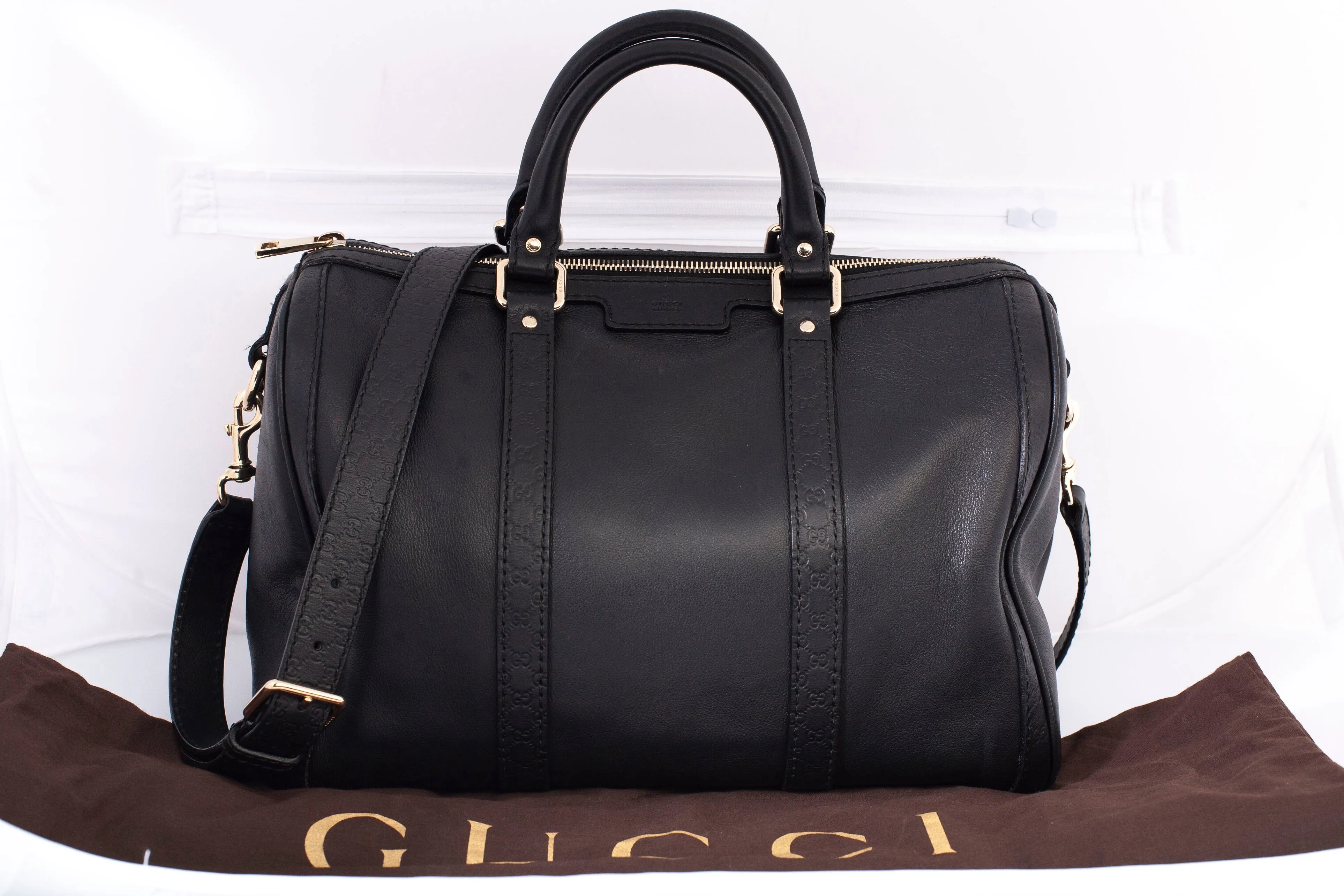 Authentic GUCCI Guccissima Trim Joy Medium Boston Black Leather Satchel
