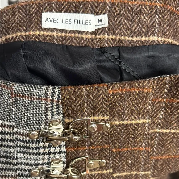 AVEN LES FILLES Plaid Pleated Skirt Size Medium Brown Gray