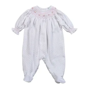 Baby Loren Pink Tiny Dots Pima Hand Smocked Footie