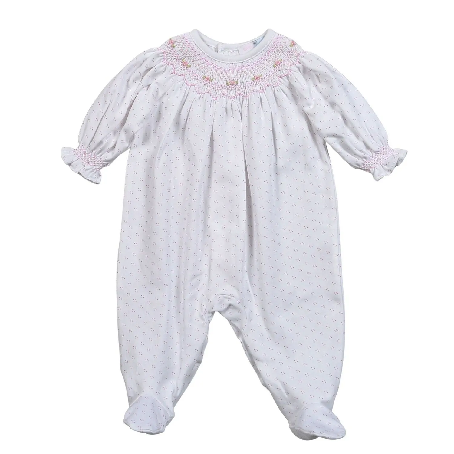 Baby Loren Pink Tiny Dots Pima Hand Smocked Footie