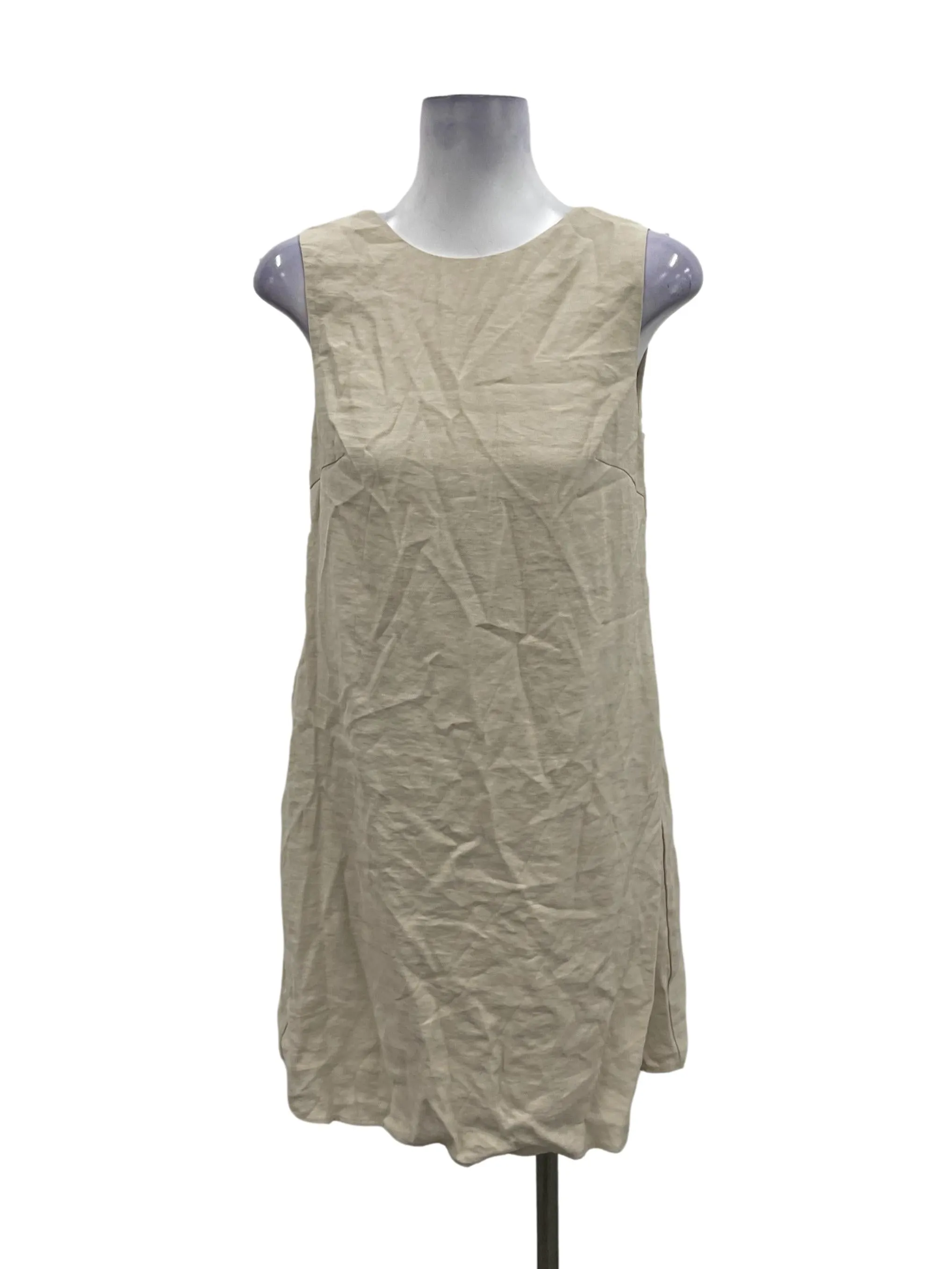 Beige Roundneck Sleeveless Mini Shift Dress OSN