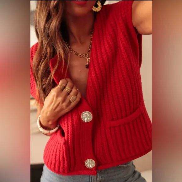 Betsy- fiery red solid textured knit side pockets buttoned up sweater