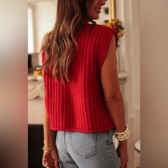 Betsy- fiery red solid textured knit side pockets buttoned up sweater