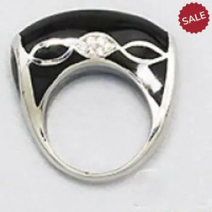 Black Enamel, Silver Tone & Clear Rhinestone Fashion Ring