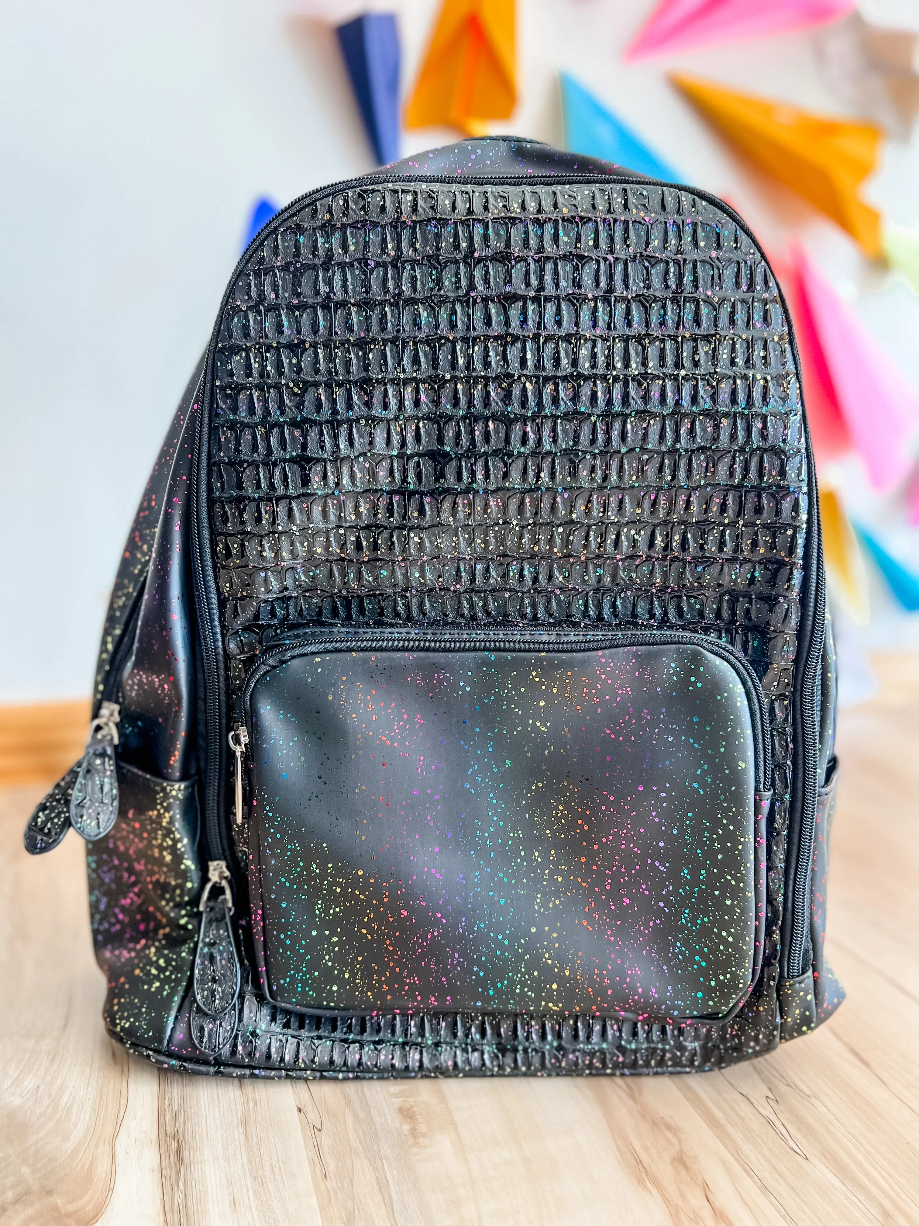 Black Painted Confetti Alligator Print Backpack