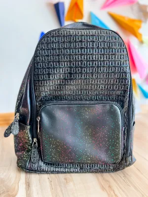 Black Painted Confetti Alligator Print Backpack