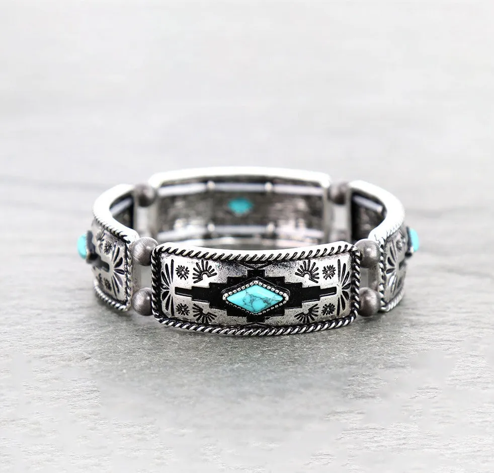 Blitz Aztec Dark Background Stretch Bracelet - Turquoise