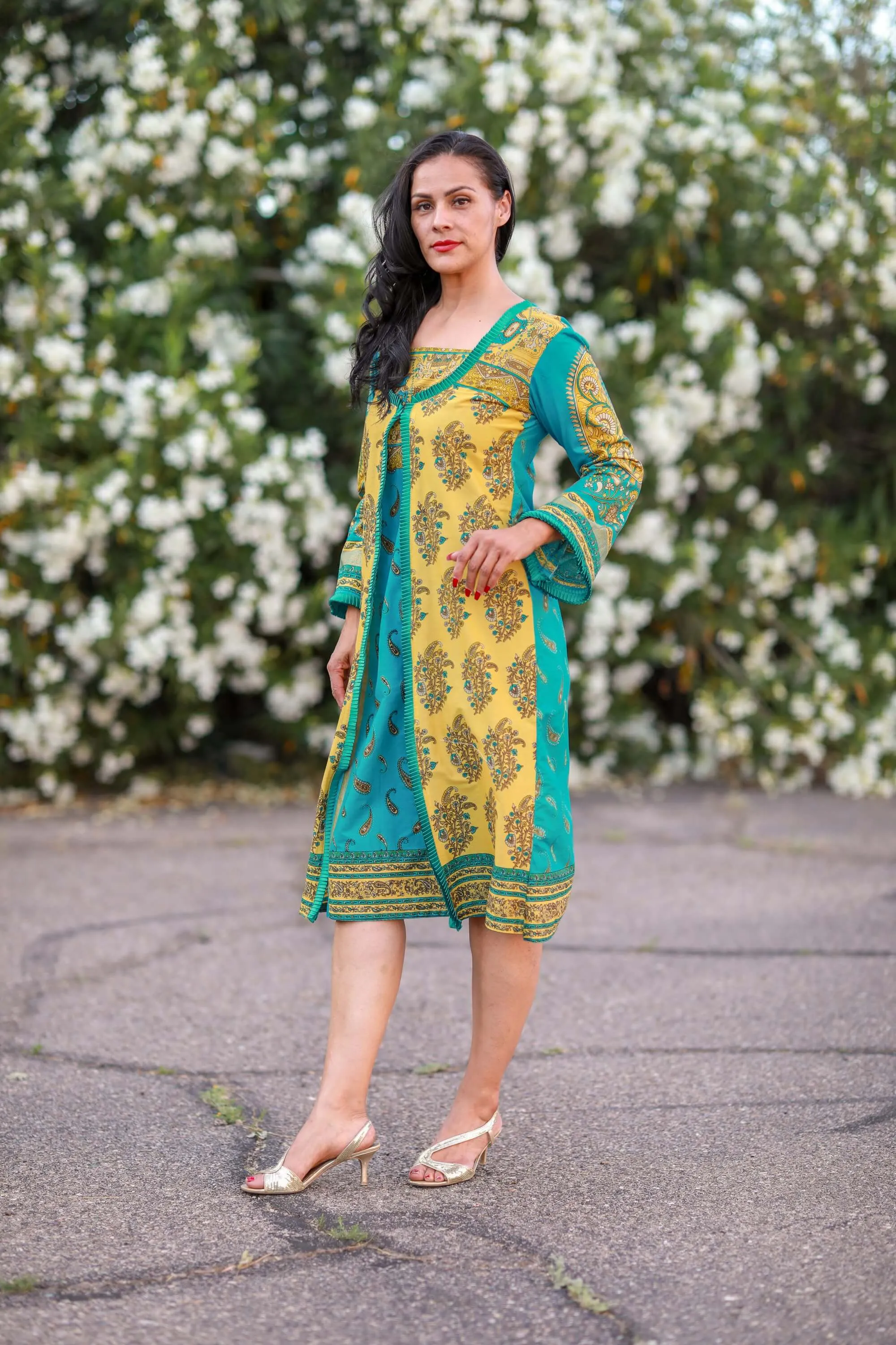 Blue and Yellow Cotton Lawn Designer Dress