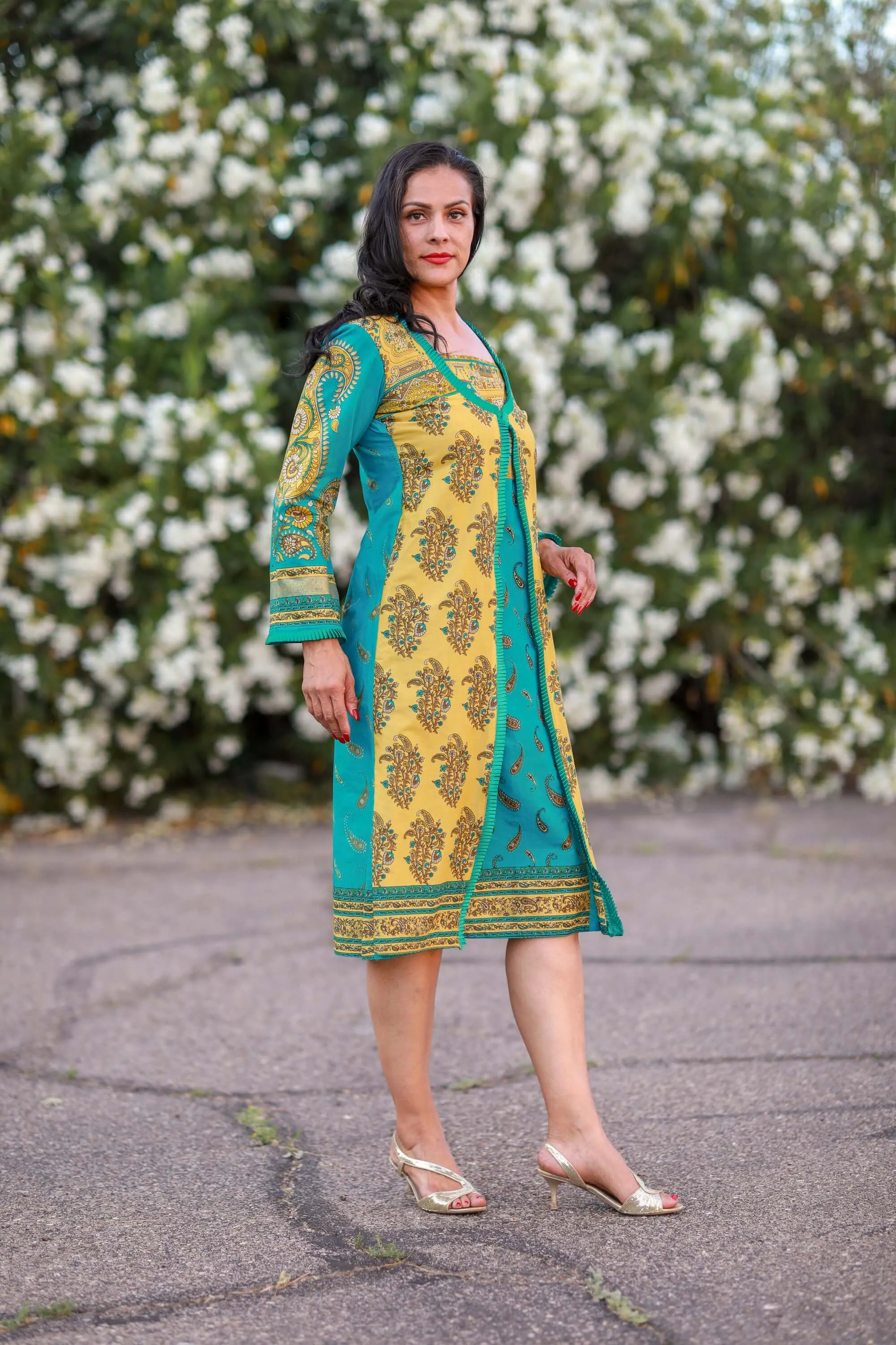Blue and Yellow Cotton Lawn Designer Dress