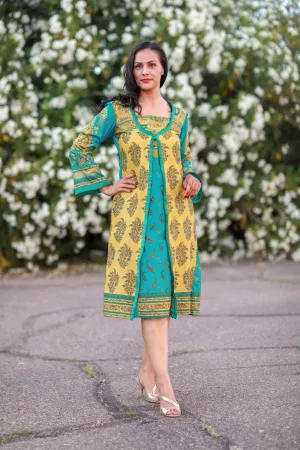 Blue and Yellow Cotton Lawn Designer Dress