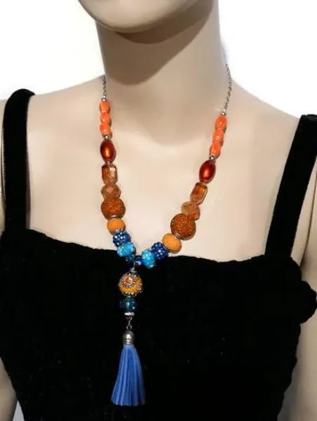 Blue leather tassel, statement beaded necklace, handmade necklace, boho chic style, The orange peacock necklace.