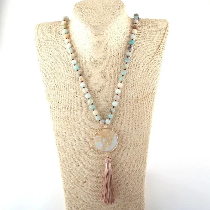 Boho & Mala Natural Tribal Round Blue Amazonite Stone Tassel Necklace TN10024