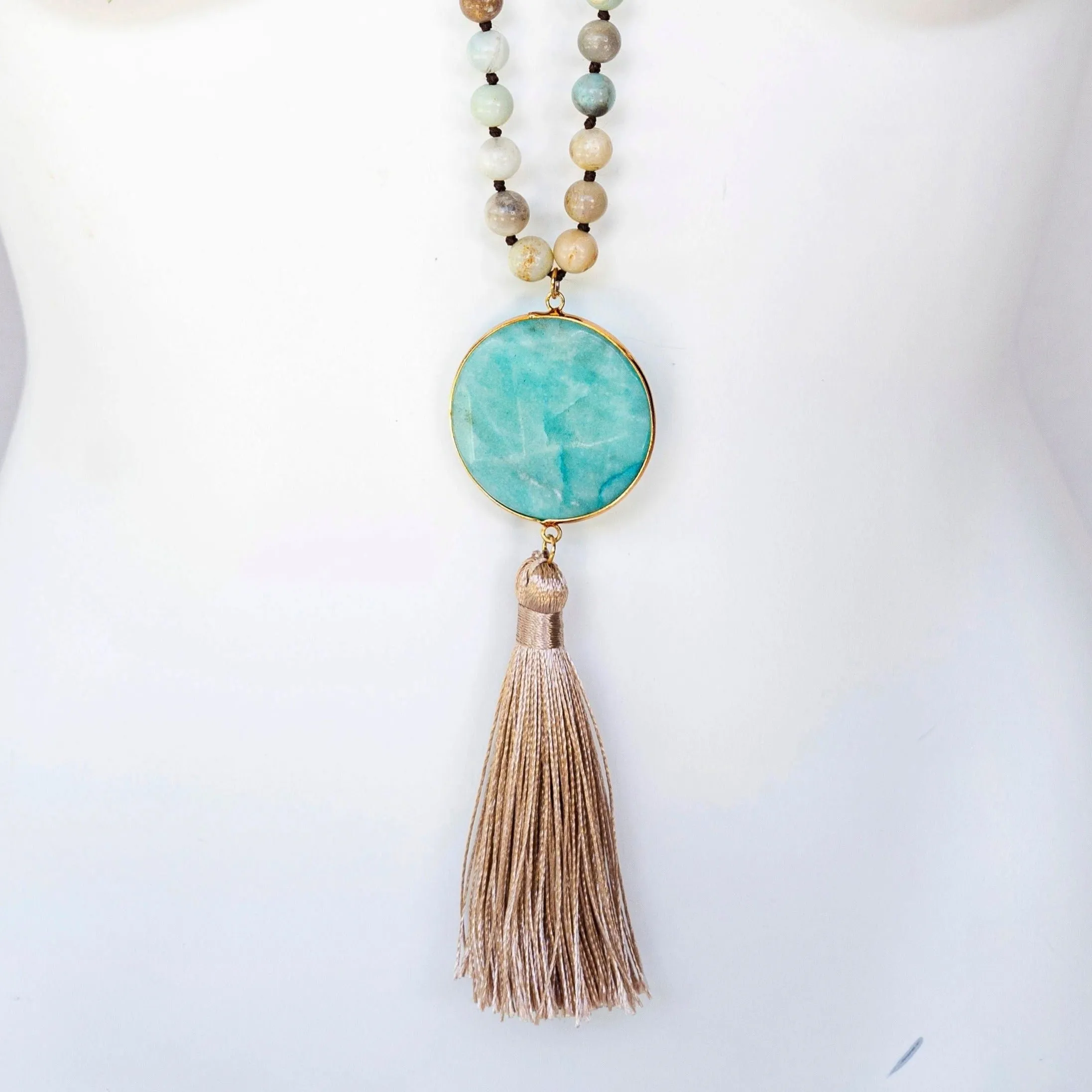 Boho & Mala Natural Tribal Round Blue Amazonite Stone Tassel Necklace TN10024