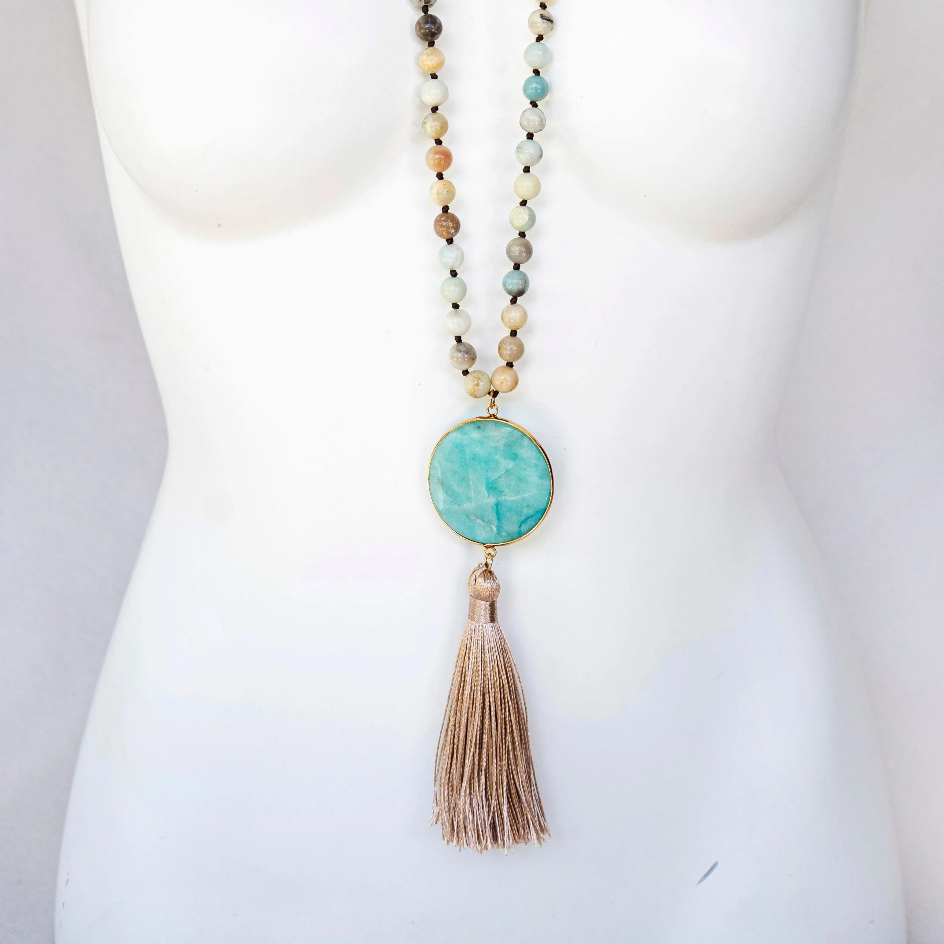 Boho & Mala Natural Tribal Round Blue Amazonite Stone Tassel Necklace TN10024