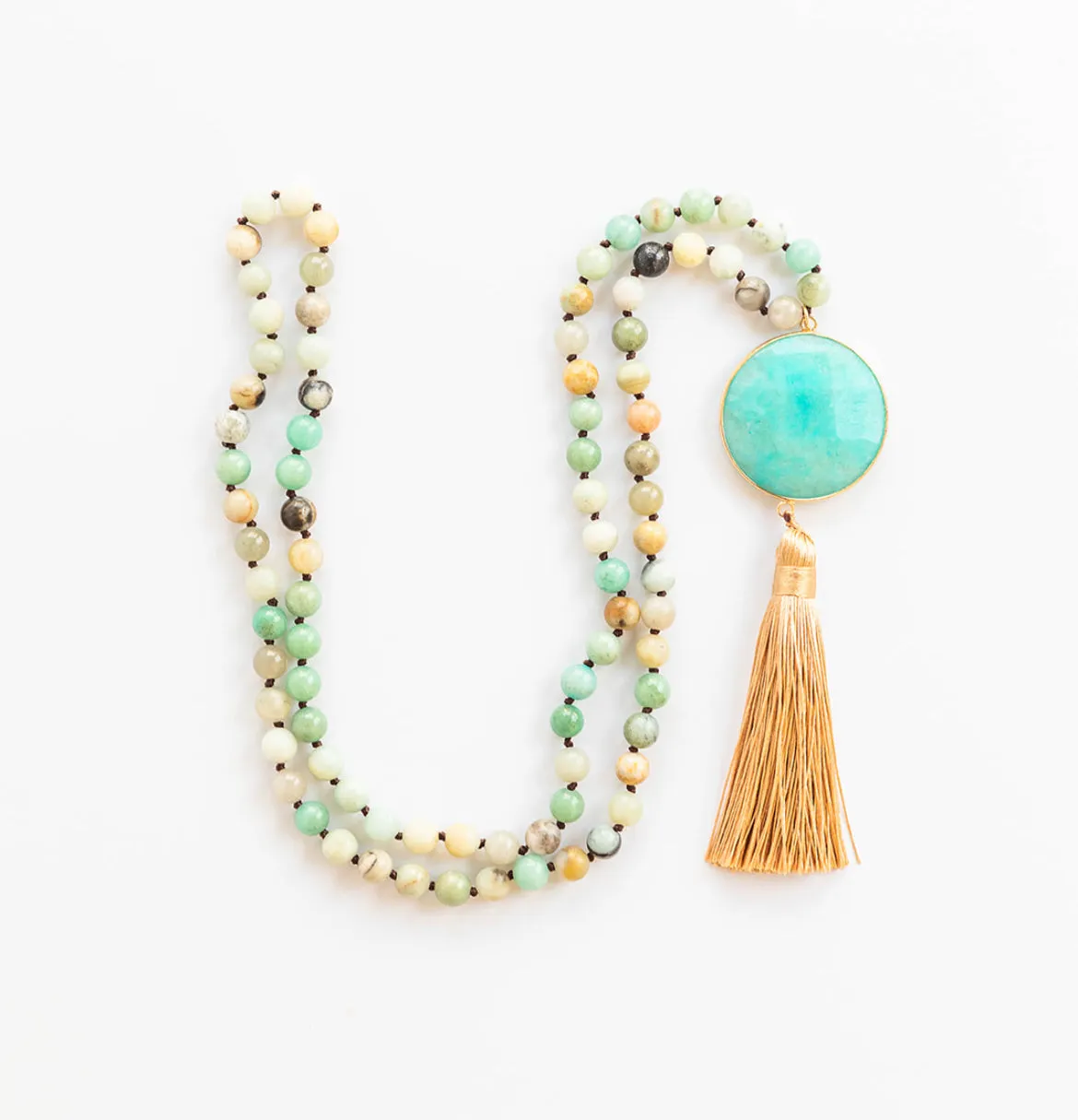 Boho & Mala Natural Tribal Round Blue Amazonite Stone Tassel Necklace TN10024