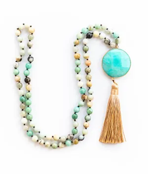 Boho & Mala Natural Tribal Round Blue Amazonite Stone Tassel Necklace TN10024