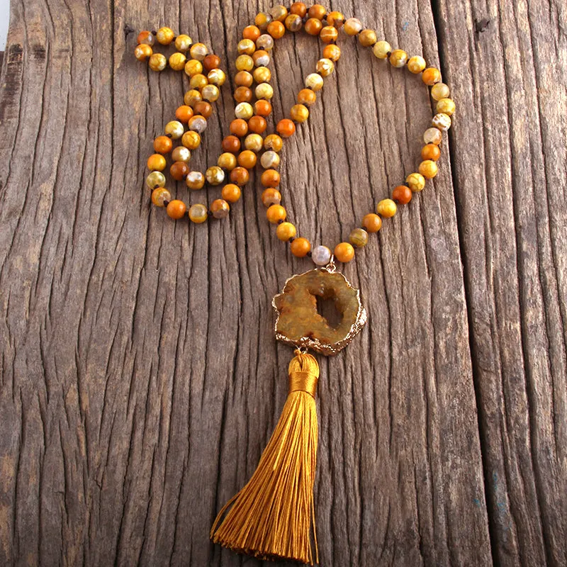 Boho & Mala Tribal Agate Slice Tassel Necklace (Orange) TN10049