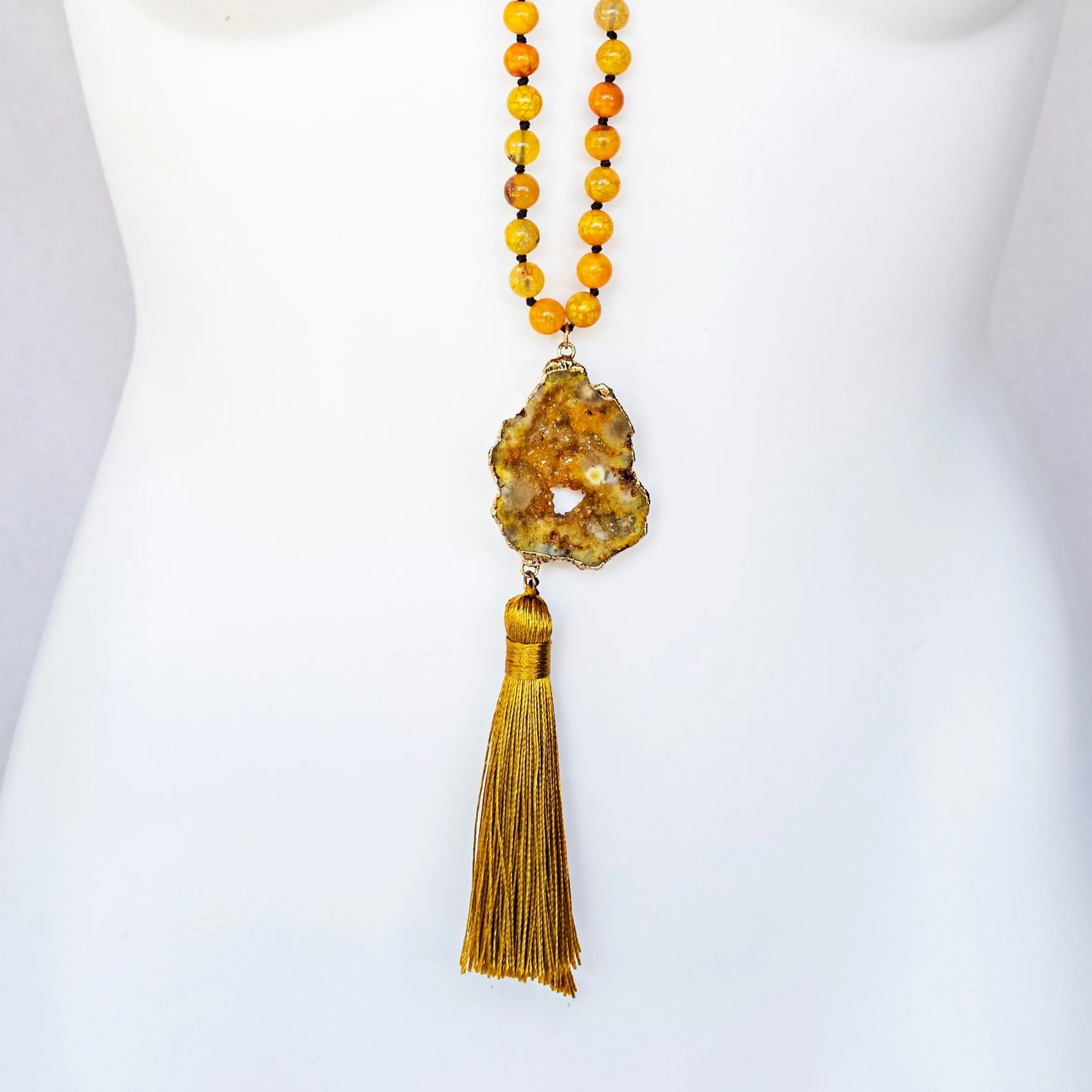 Boho & Mala Tribal Agate Slice Tassel Necklace (Orange) TN10049