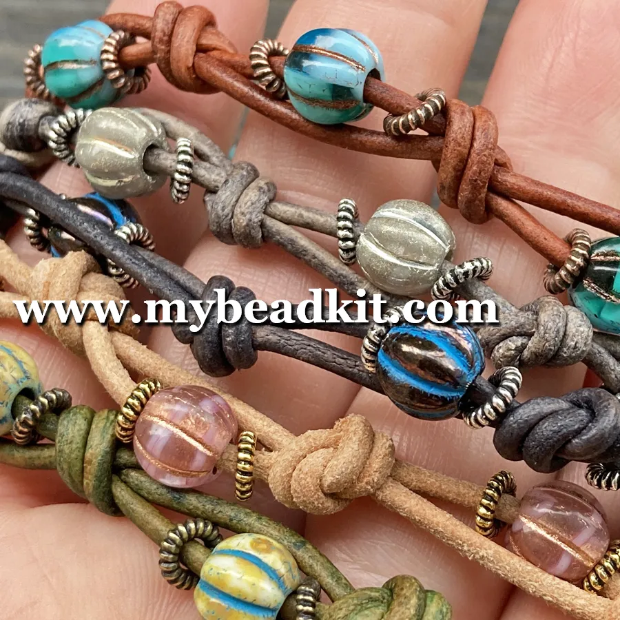Boho Chic Glass Bead & Knotted Leather Bracelet Kit (Turquoise & Copper)